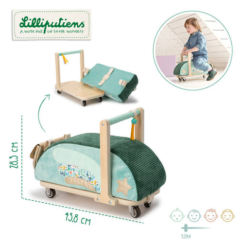 LILLIPUTIENS Drewniany jeździk 2 w 1 z miękkim siedziskiem i torebką Smok Joe 12 m+