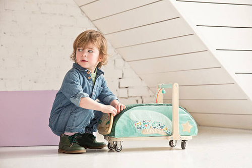 LILLIPUTIENS Drewniany jeździk 2 w 1 z miękkim siedziskiem i torebką Smok Joe 12 m+