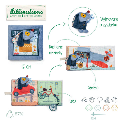 Lilliputiens Miękka książeczka aktywizująca "Garaż Pieska Jules'a" 12 m+