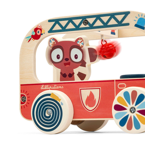 Lilliputiens Drewniany wózek do ciągnięcia Wóz strażacki Lew Jack 12 m+
