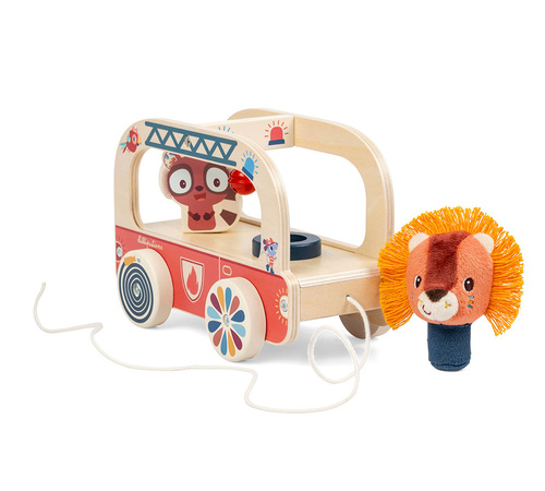 Lilliputiens Drewniany wózek do ciągnięcia Wóz strażacki Lew Jack 12 m+