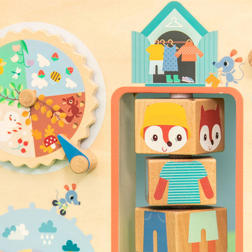 Lilliputiens Drewniana tablica manipulacyjna walizka "Ubranie na każdą pogodę" Lisiczka Alice 2 lata +