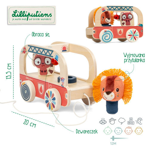 Lilliputiens Drewniany wózek do ciągnięcia Wóz strażacki Lew Jack 12 m+