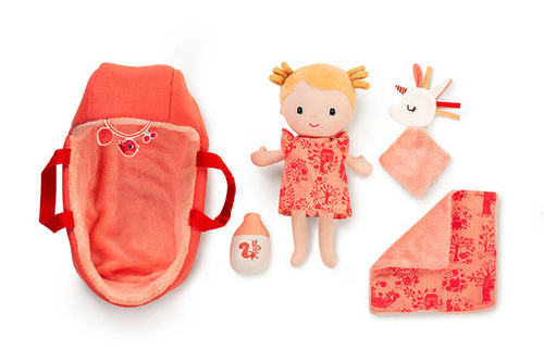 LILLIPUTIENS Lalka dzidziuś w gondoli z komforterem i butelką mleka Lena 12 m+