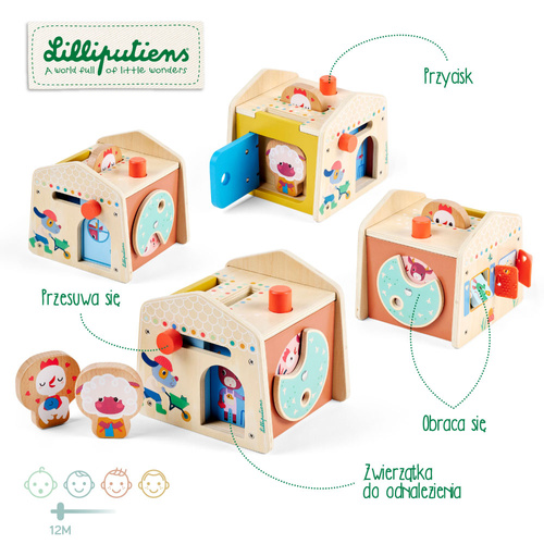 LILLIPUTIENS Drewniany domek manipulacyjny Zabawa w chowanego 12 m+