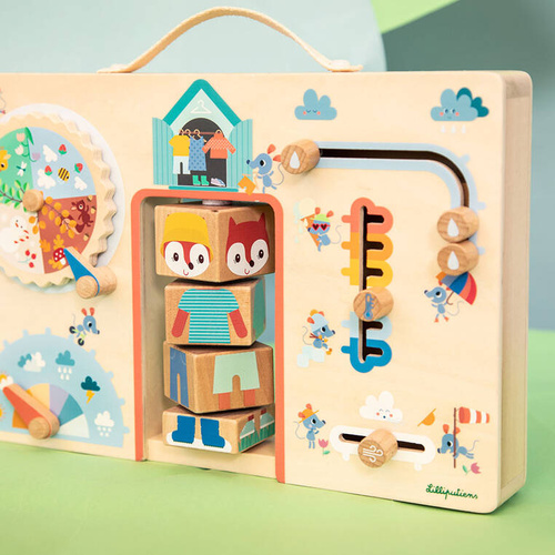 Lilliputiens Drewniana tablica manipulacyjna walizka "Ubranie na każdą pogodę" Lisiczka Alice 2 lata +