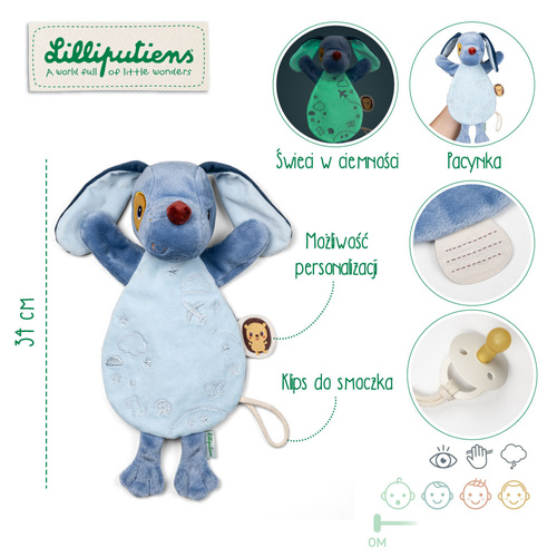 Lilliputiens Przytulanka komforter pacynka świecąca w ciemności Piesek Jules 0 m+