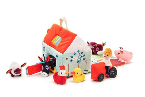 LILLIPUTIENS Rozkładany domek Farma z 6 zwierzątkami, rolnikiem i traktorem 18 m+
