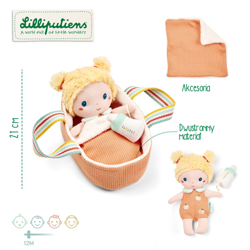 LILLIPUTIENS Lalka dzidziuś w koszyczku z butelką i kocykiem Mela 12 m+